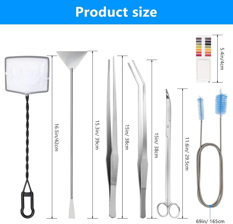 Liveek Extra Long Aquarium Aquascaping Tools Kit 8 in 1, Stainless Steel Aquarium Plant Tools Long Fish Tank Aquascape Tweezers Scissors Scrapers, PH Paper, Fish Net, Aquascape Clean Brush, Bag - Image 2